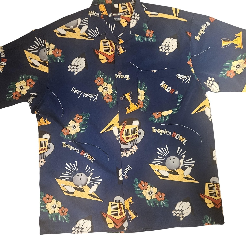 Ferruche Bowling Shirt Mens Large Blue All Nite Tropica‎ Bowl Aloha Print Korea